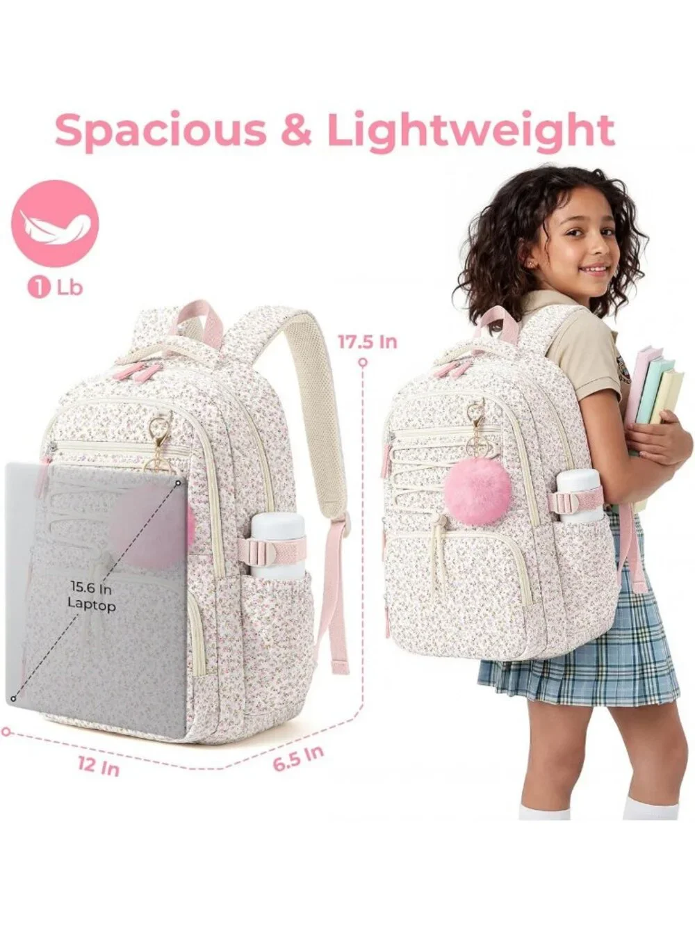 Cute Quilted Backpack for Girls, Lightweight Multi-Pocket Bookbag for School